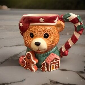 Tis The Season Christmas Bear Coffee Mug Candy Cane Handle Gingerbread 3D Mug